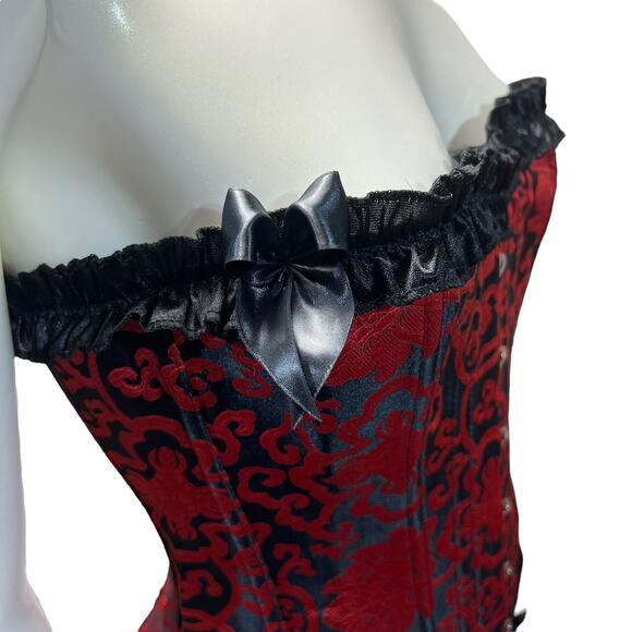 Red & Black Brocade Corset with Garter Straps - Gothic Burlesque Style - Size XL - Picture 10 of 10